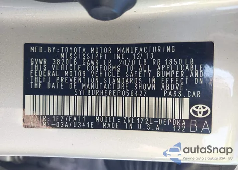 2014 Toyota Corolla L from USA, damaged, VIN 5YFBURHE8EP056427